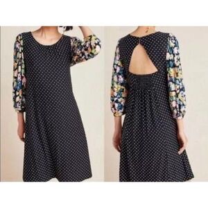Anthropologie Maeve Dress Small Balloon Sleeve‎ Polka Dot Floral Sawyer Black